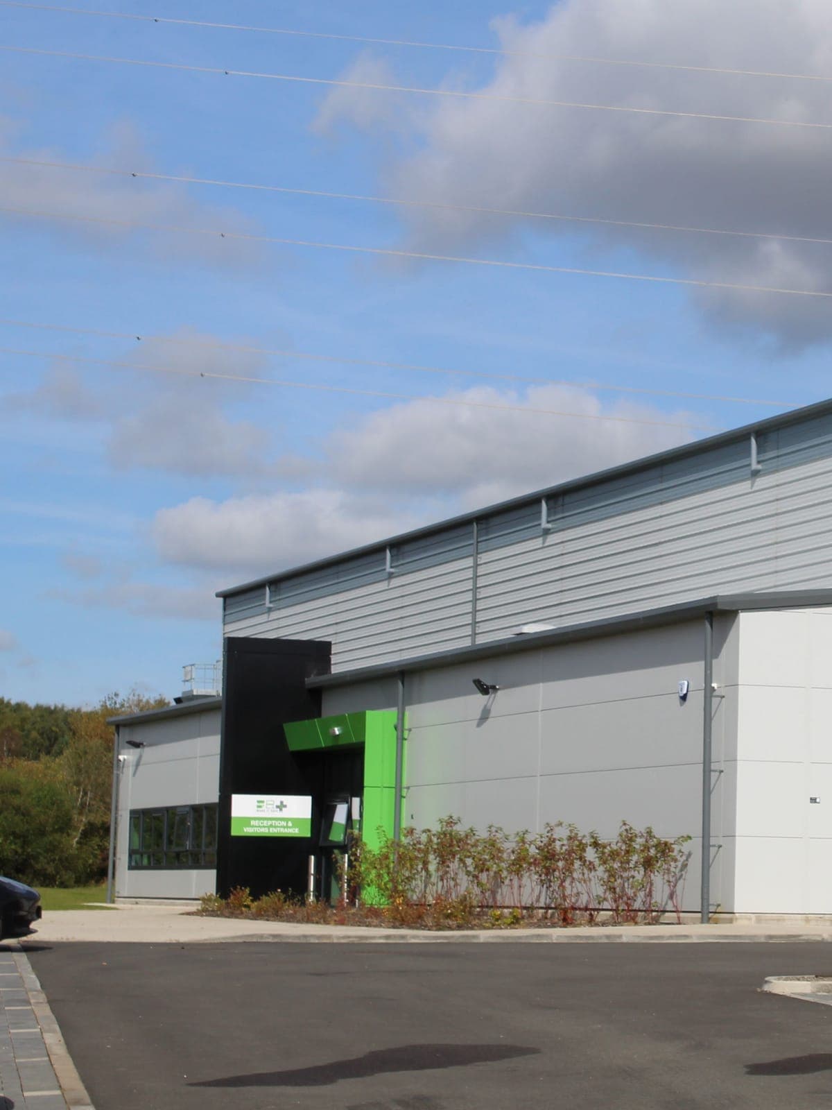 The office end of the factory, with its entrance canopy
