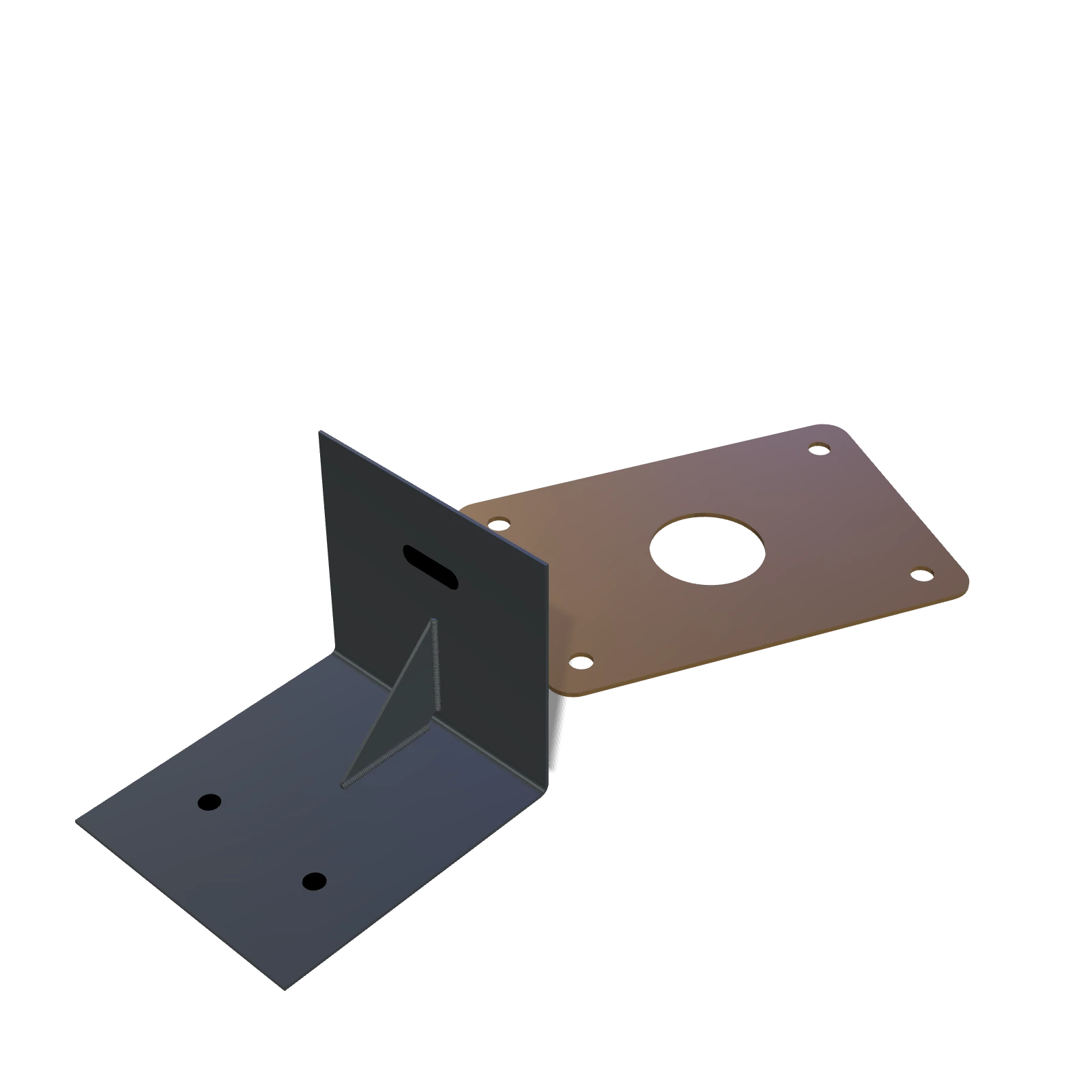 Render of a powder-coated steel bracket beside an anodised aluminium plate