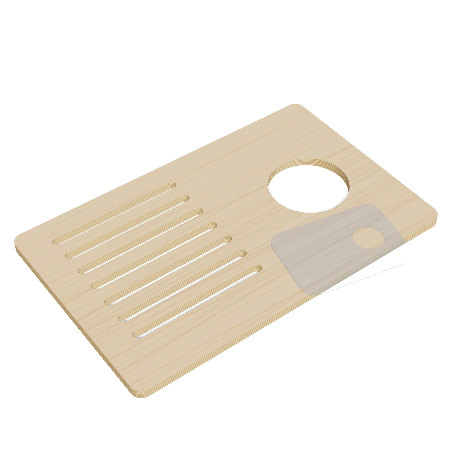 Render of a routed birch plywood panel and a clear acrylic part