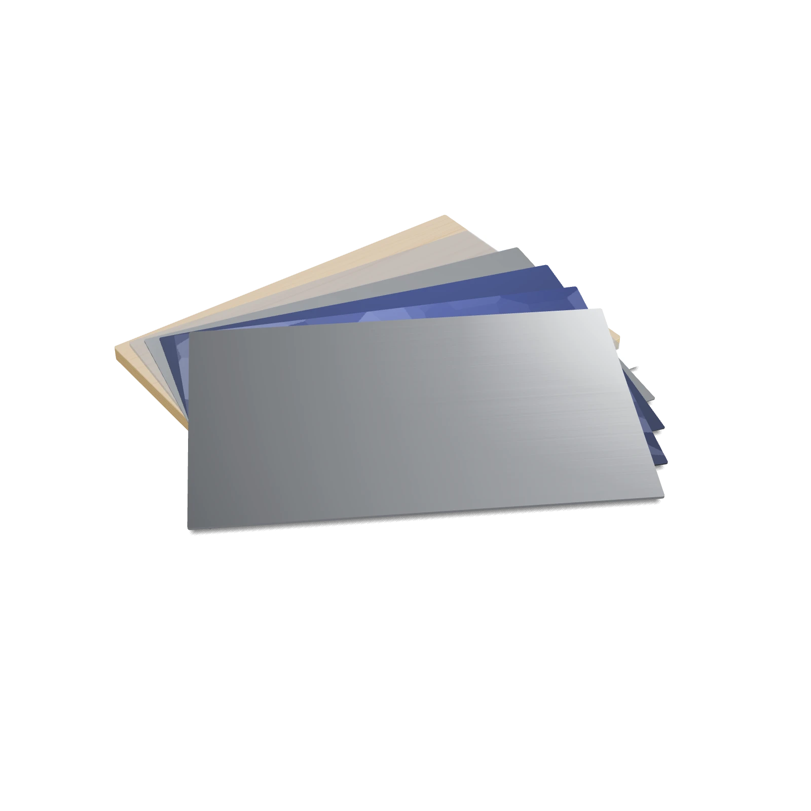 Render of stock sheets fanned out: aluminium, galvanised, coated steel, stainless, acrylic and ply
